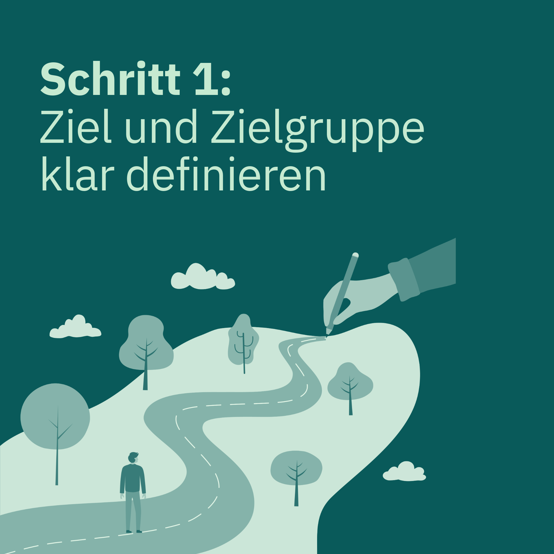 Eine Person steht am Anfang eines Weges. Eine Hand zeichnet eine geplante Route – sinnbildlich für die strategische Ausrichtung einer Befragung.