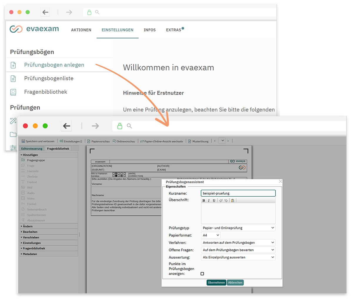 Screenshot der evaexam-Oberfläche beim Anlegen eines Prüfungsbogens mit hervorgehobener Navigation und Schritt-für-Schritt-Anleitung für Erstnutzer*innen