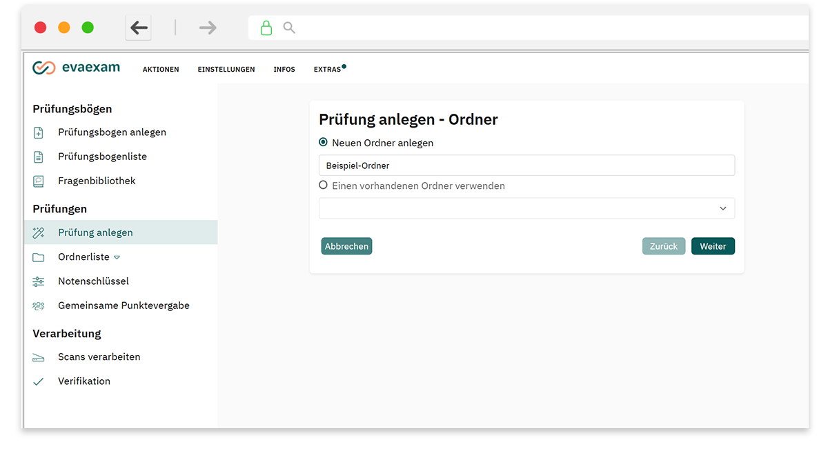 Schritt 3: Screenshot der evaexam Prüfungssoftware beim Anlegen einer digitalen Prüfung