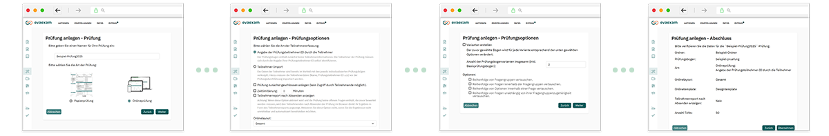 Screenshot-Serie zur digitalen Prüfungserstellung mit evaexam: Prüfung benennen, Optionen festlegen, Varianten konfigurieren, Abschlussübersicht