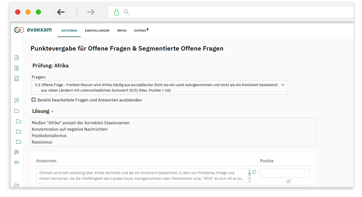 Schritt 5: Benutzeroberfläche von evaexam zur Punktevergabe bei offenen Fragen einer Prüfung
