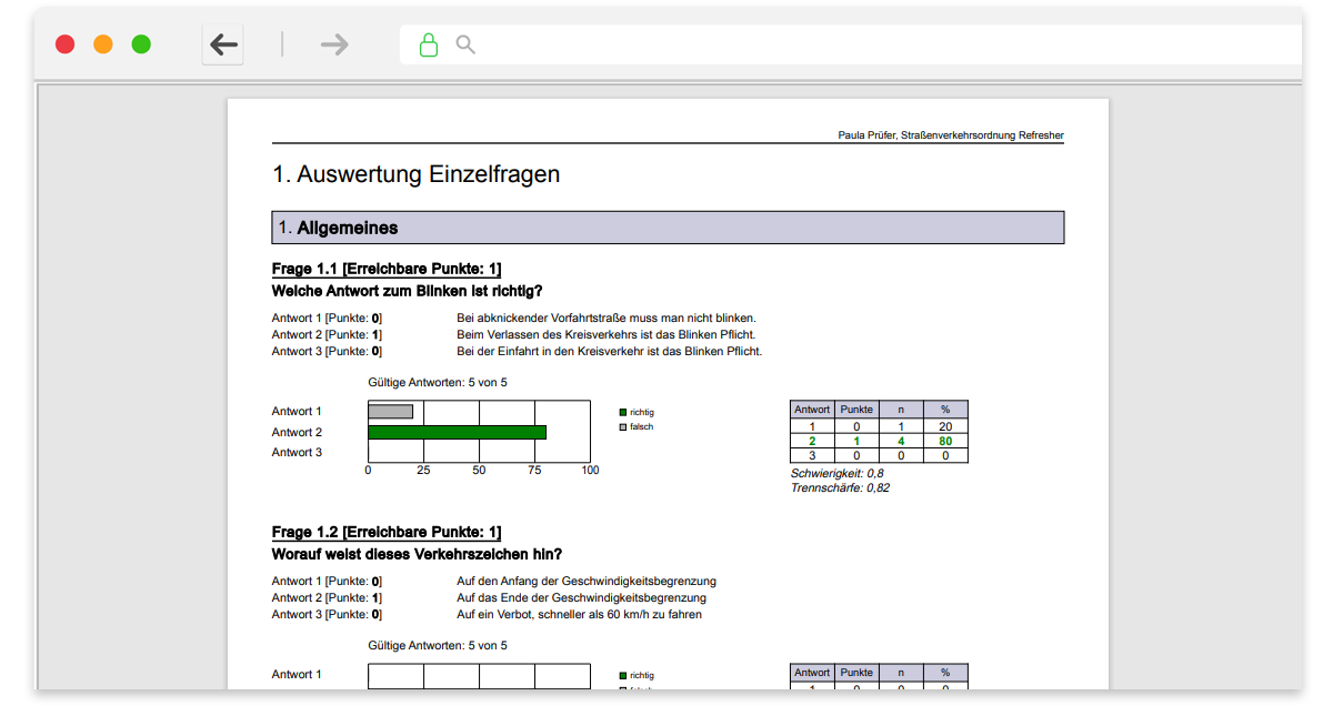 Schritt 7: PDF-Auswertung einer digitalen Prüfung in evaexam mit Frageanalyse, Antwortverteilung, Schwierigkeit und Trennschärfe