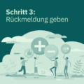 Vier Personen halten Symbole für Plus, Minus und Feedback in den Händen