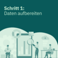 Illustration zur Datenaufbereitung bei der Umfrageauswertung mit Personen, Diagramm und Lupe