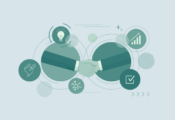 Illustration eines Handschlags mit Symbolen für Vernetzung, Ideen und Daten, stellvertretend für die Anbindung externer Stakeholder in qurricula