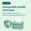 Illustration: Schild mit Schloss und anonyme Einwurfbox für datenschutzkonformes Feedback