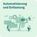 Illustration zu Automatisierung und Entlastung: Automations-Elemente und Assistenzfigur vor Interface