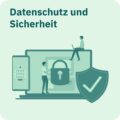Illustration zu Datenschutz und Sicherheit: Schloss und Schutzschild vor digitalem System