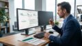 Mann wertet einen Fragebogen am Computer aus und betrachtet ein Analyse-Dashboard im Büro