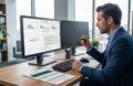 Mitarbeiter analysiert Befragungsergebnisse am Computer, daneben liegt ein Papierfragebogen 